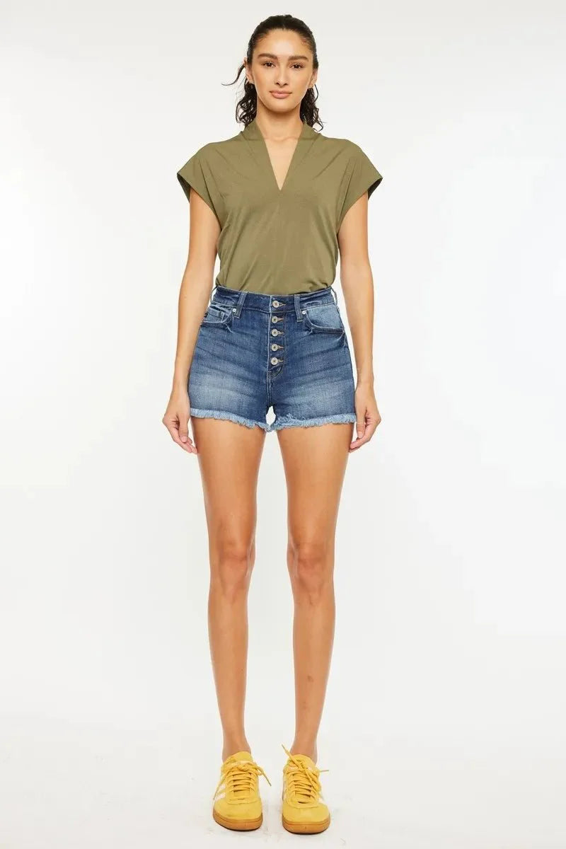 Kancan High Rise Frayed Hem Denim Shorts for Summer Style