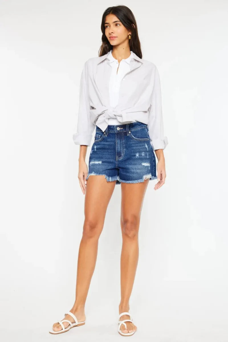 Kancan High Rise Frayed Hem Denim Shorts for Women