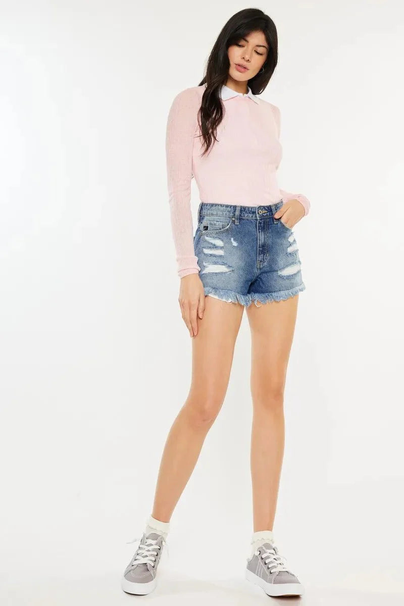 Kancan High Rise Raw Hem Denim Shorts for Women Stylish