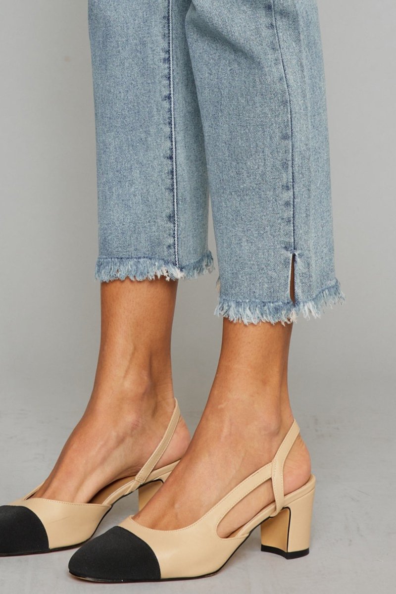 Premium Kancan High Waist Button Fly Raw Hem Cropped Straight Jeans