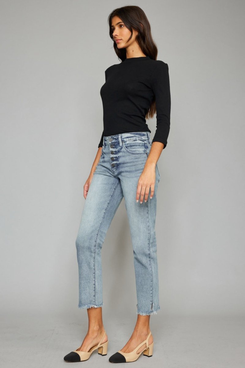 Premium Kancan High Waist Button Fly Raw Hem Cropped Straight Jeans