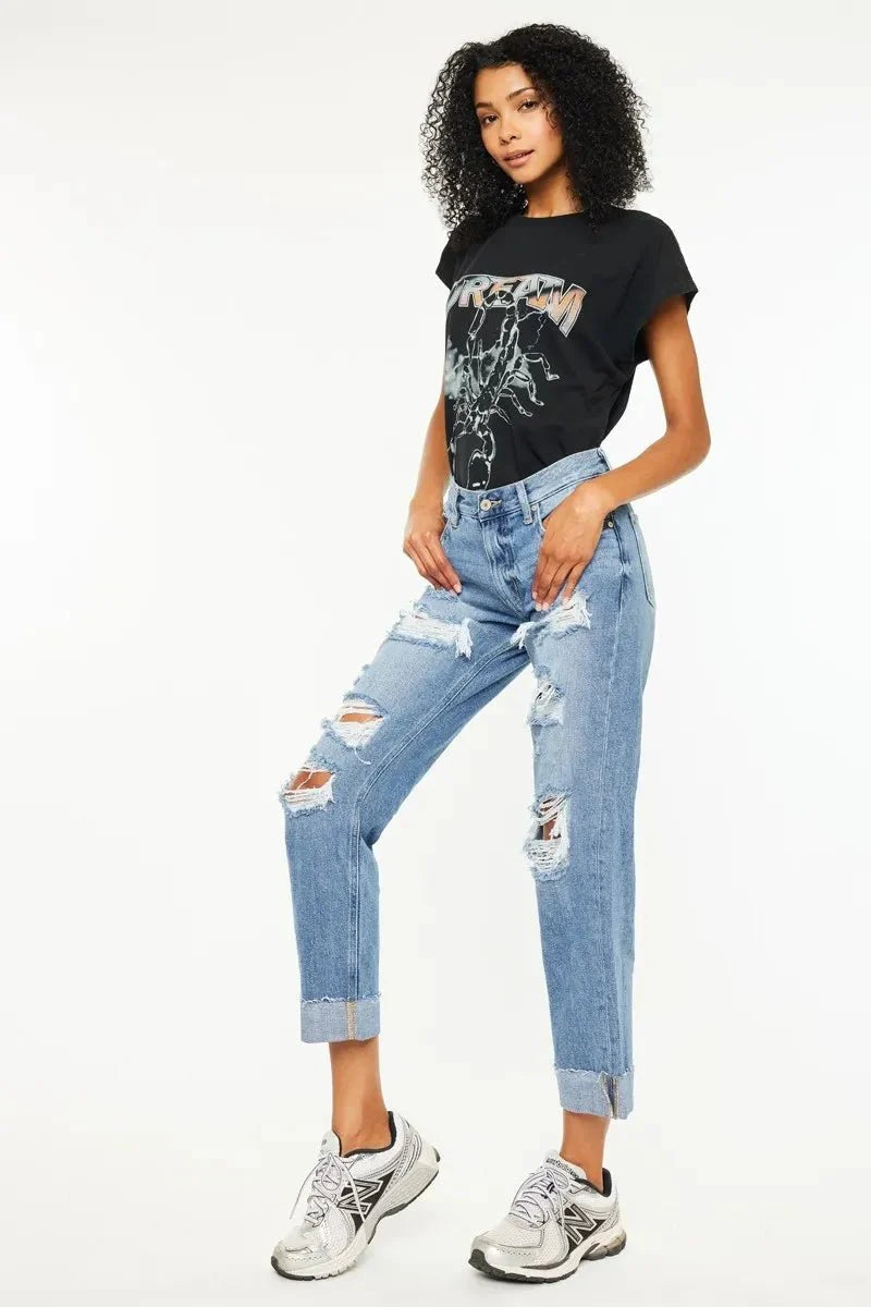 Kancan Mid Rise Distressed Boyfriend Fit Jeans for Women