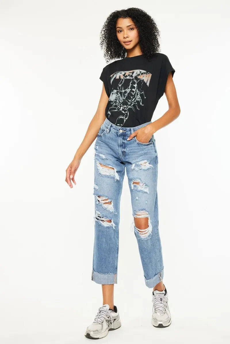 Kancan Mid Rise Distressed Boyfriend Fit Jeans for Women