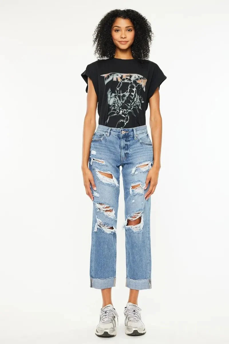 Kancan Mid Rise Distressed Boyfriend Fit Jeans for Women