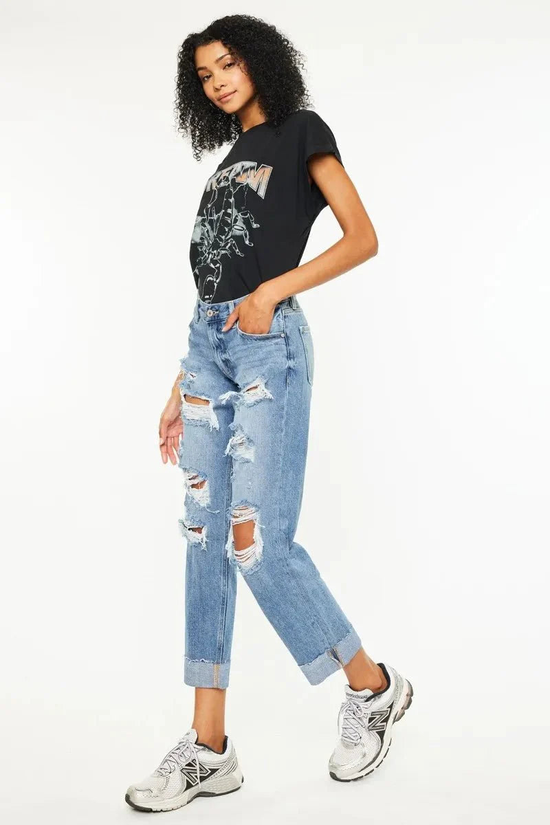 Kancan Mid Rise Distressed Boyfriend Fit Jeans for Women