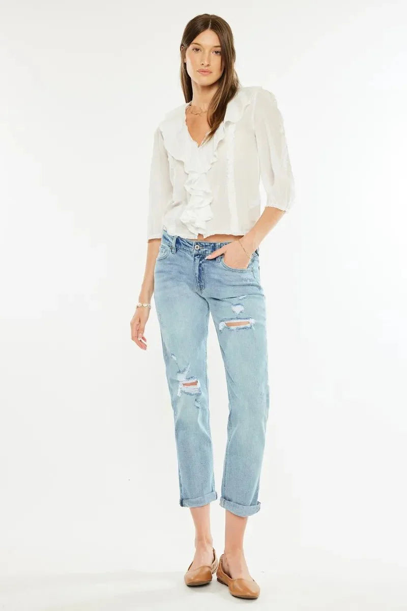 Kancan Mid Rise Distressed Boyfriend Fit Jeans for Women