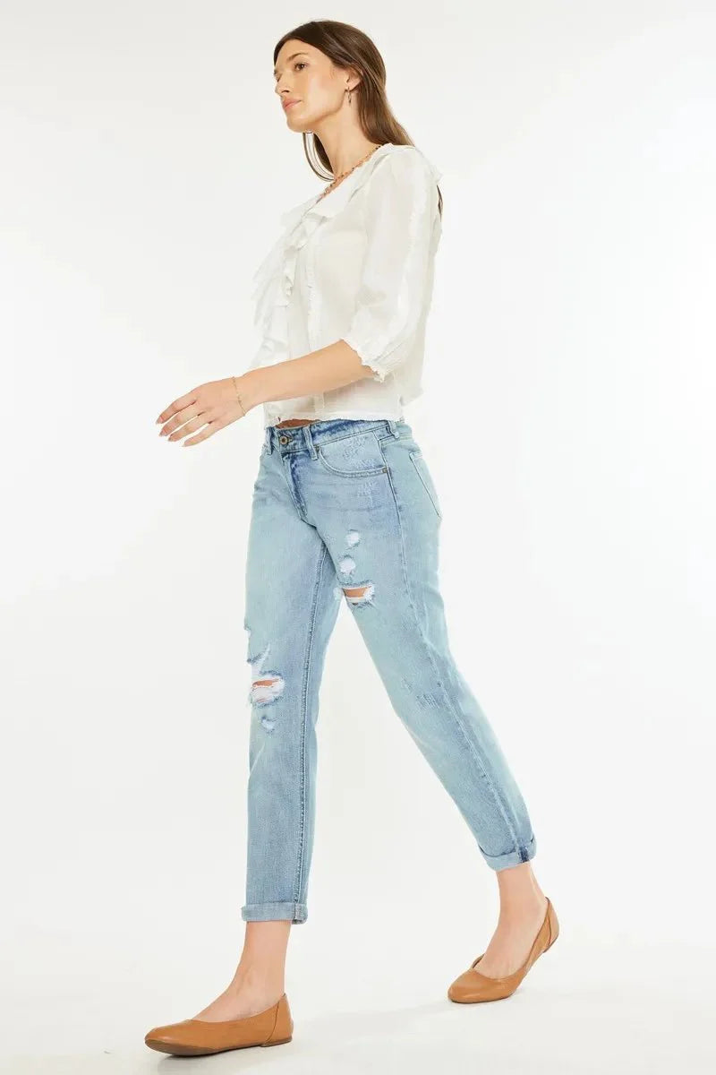Kancan Mid Rise Distressed Boyfriend Fit Jeans for Women