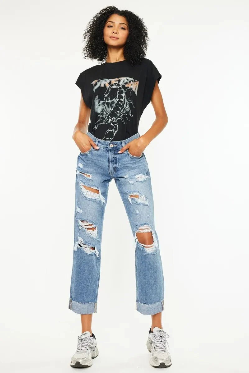 Kancan Mid Rise Distressed Boyfriend Fit Jeans for Women