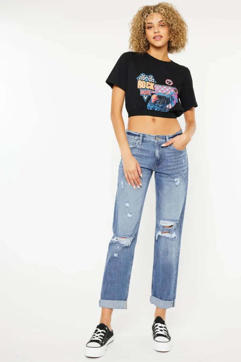 Kancan Mid Rise Distressed Straight Jeans for Women