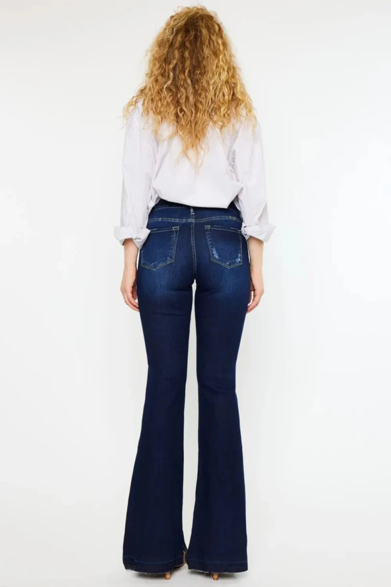 Kancan Mid Rise Slim Flare Jeans in Dark Stonewash