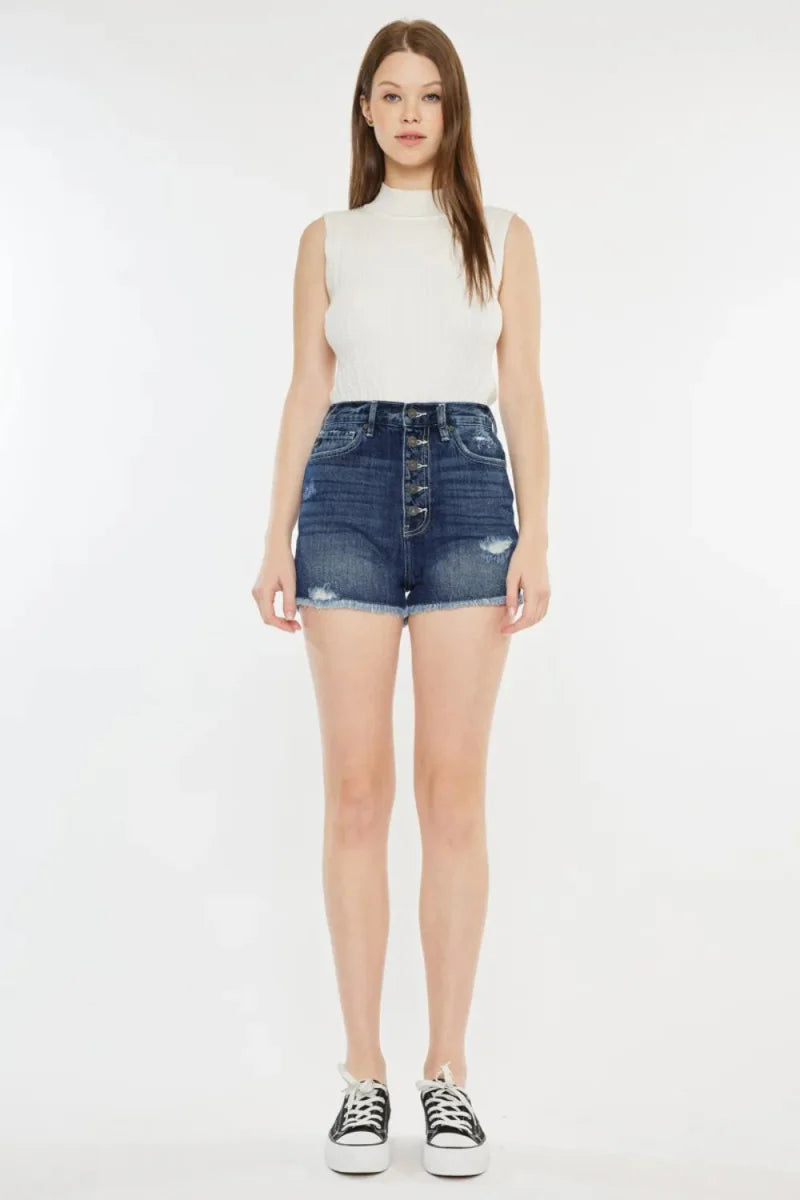Kancan Raw Hem Button Fly Denim Shorts for Women