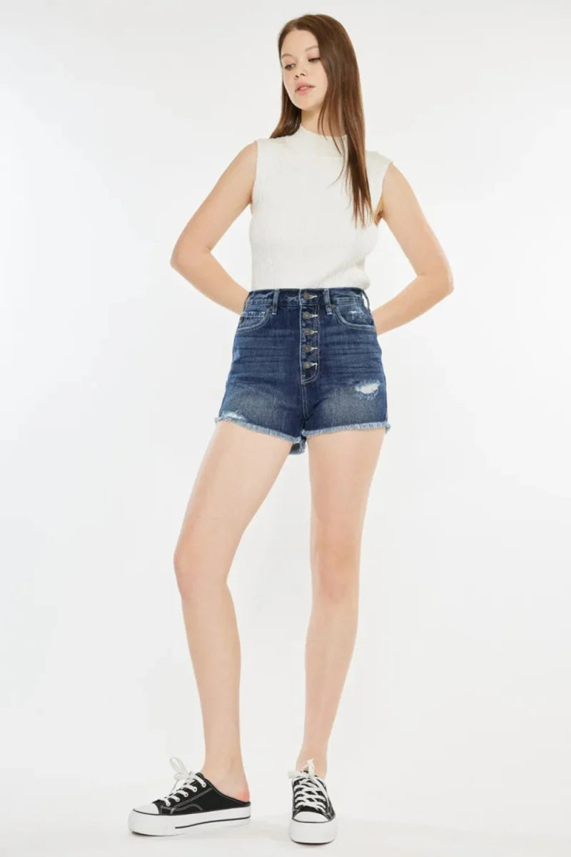Kancan Raw Hem Button Fly Denim Shorts for Women