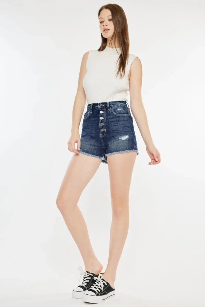 Kancan Raw Hem Button Fly Denim Shorts for Women