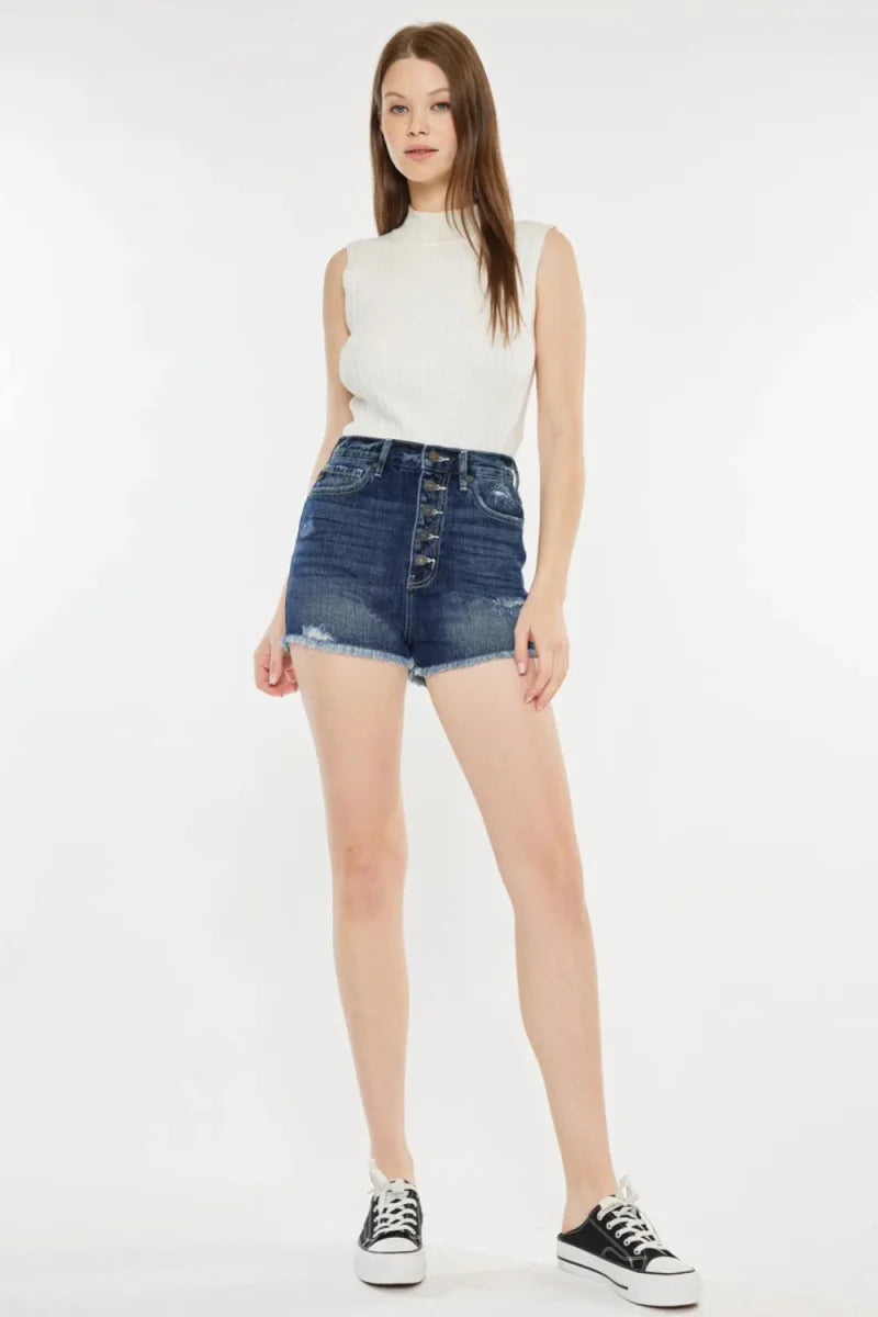 Kancan Raw Hem Button Fly Denim Shorts for Women