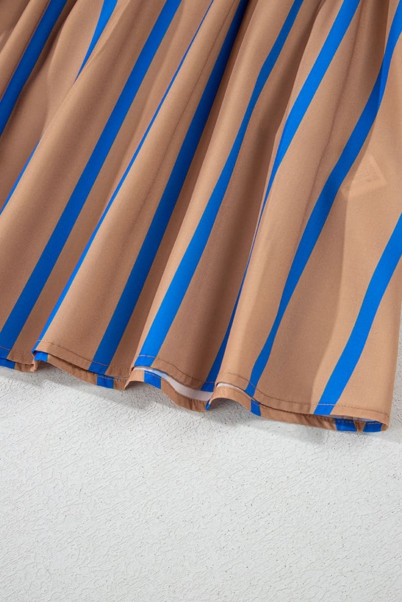 Khaki Stripe Contrast Striped Print 3/4 Sleeve Babydoll Plus Size Dress