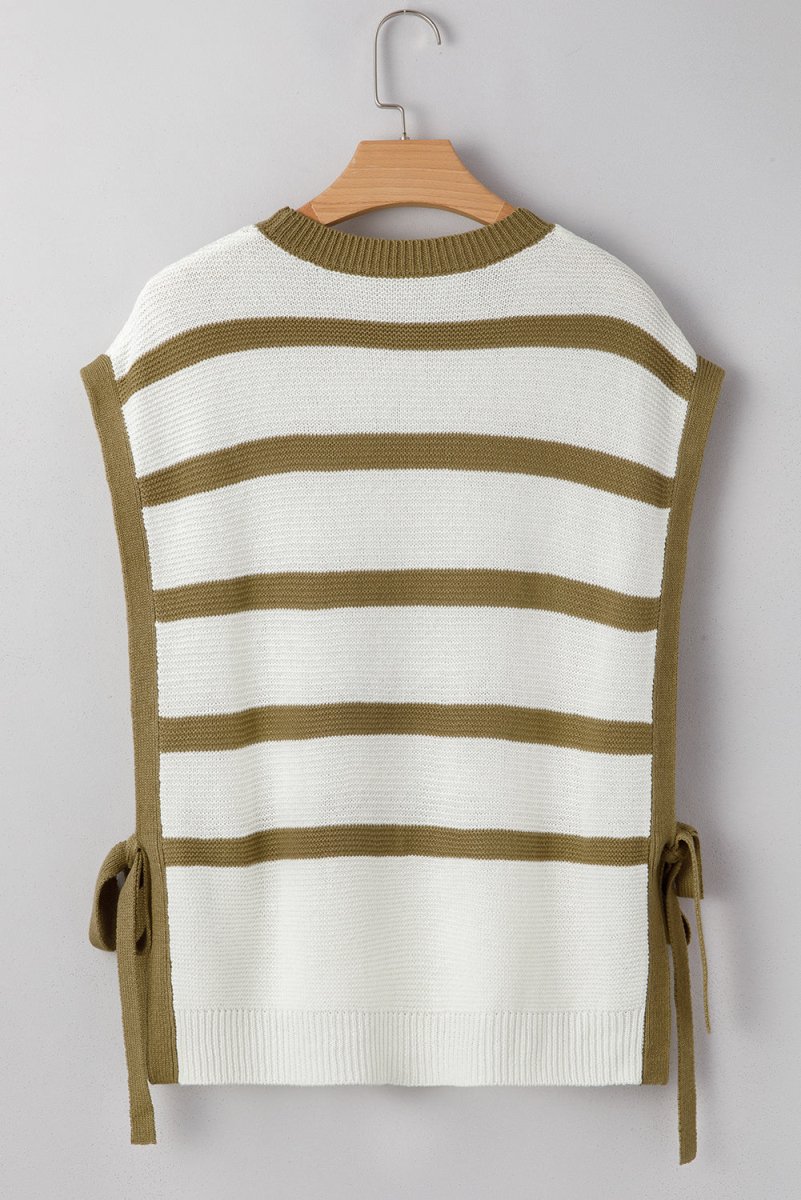 Khaki Stripe Tie Open Side Sweater Knitted Top for Women