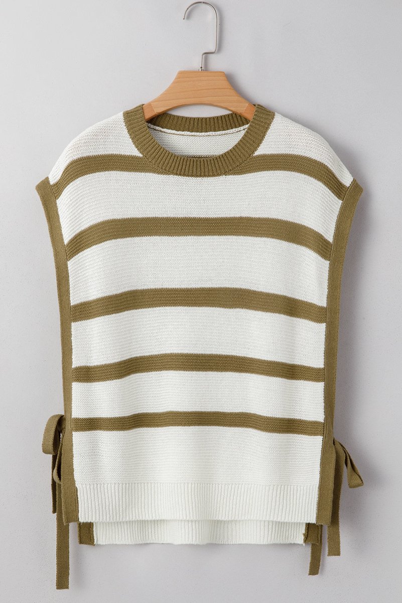 Khaki Stripe Tie Open Side Sweater Knitted Top for Women