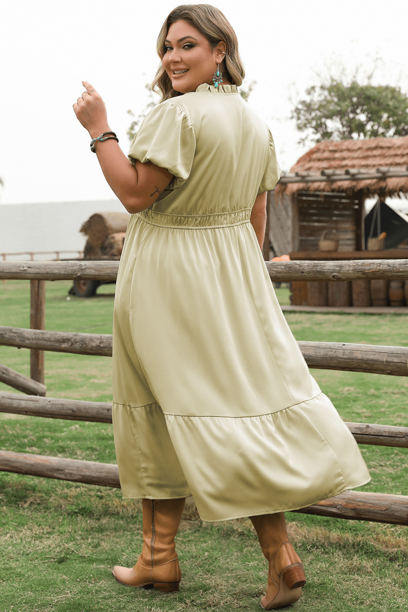 Laurel Green Puff Sleeve Plus Size Maxi Dress with Notched V Neck and Tiered Skirt