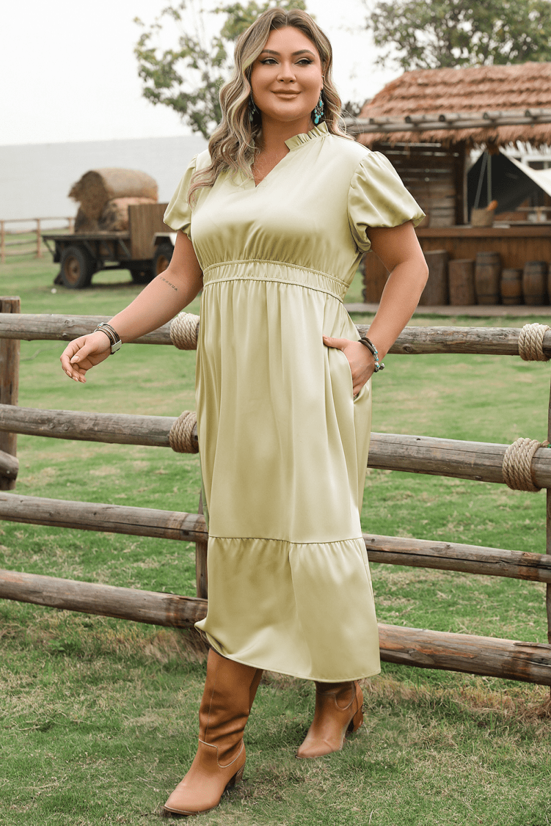 Laurel Green Puff Sleeve Plus Size Maxi Dress with Notched V Neck and Tiered Skirt
