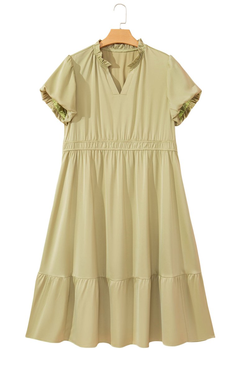 Laurel Green Puff Sleeve Plus Size Maxi Dress with Notched V Neck and Tiered Skirt