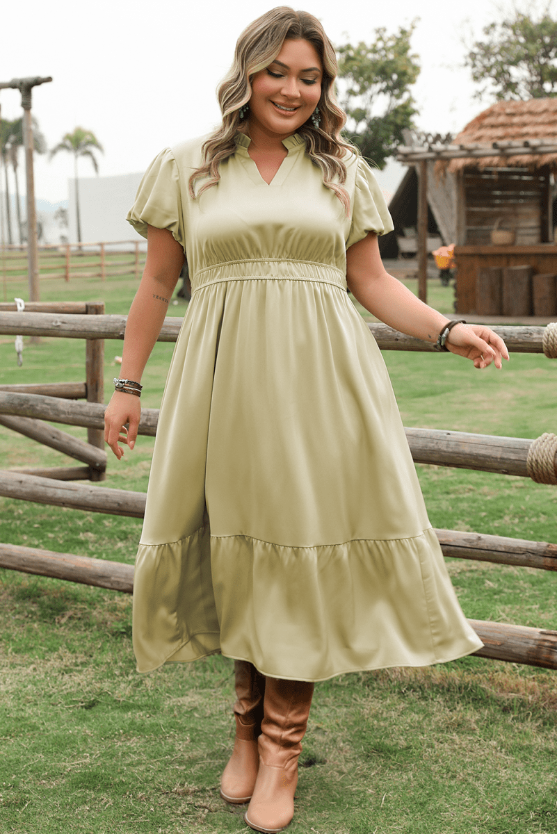 Laurel Green Puff Sleeve Plus Size Maxi Dress with Notched V Neck and Tiered Skirt