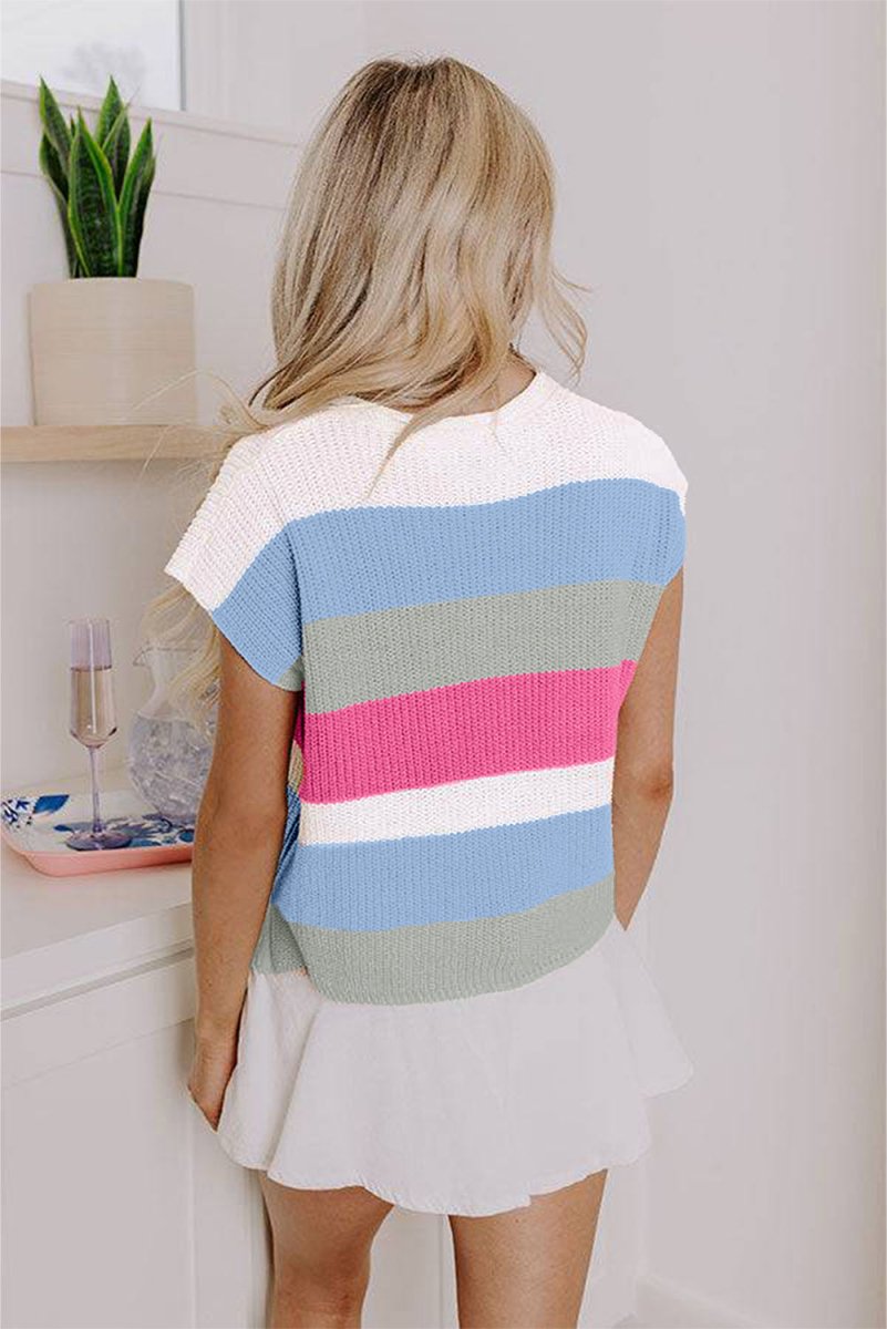 Light Blue Color Block Notch V Neck Sweater T Shirt for Women