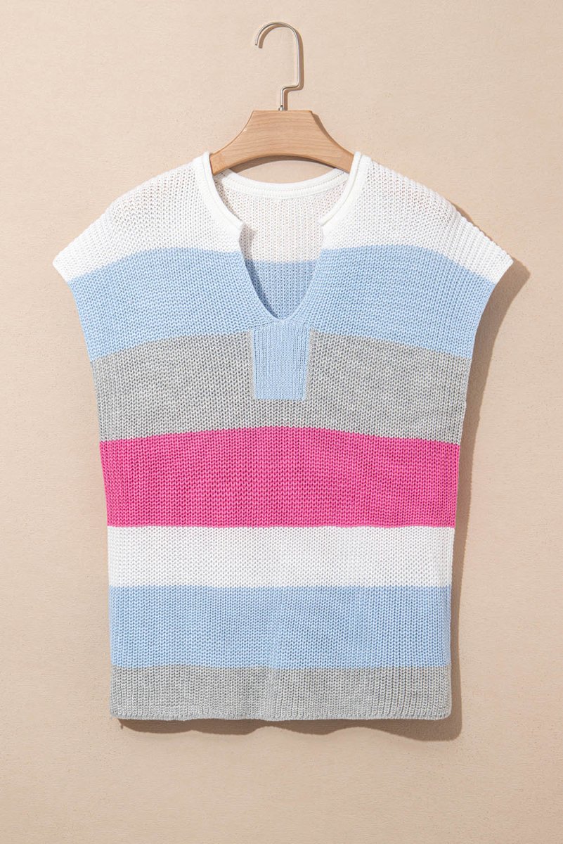 Light Blue Color Block Notch V Neck Sweater T Shirt for Women