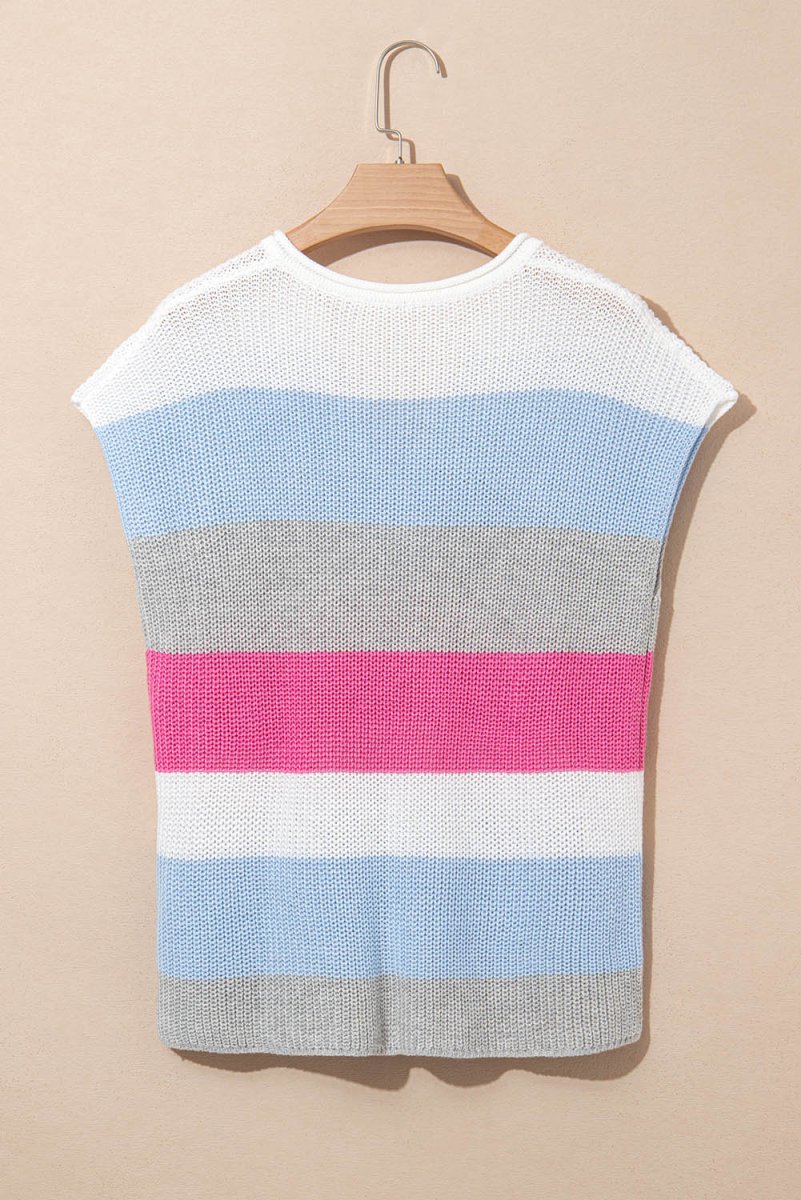 Light Blue Color Block Notch V Neck Sweater T Shirt for Women