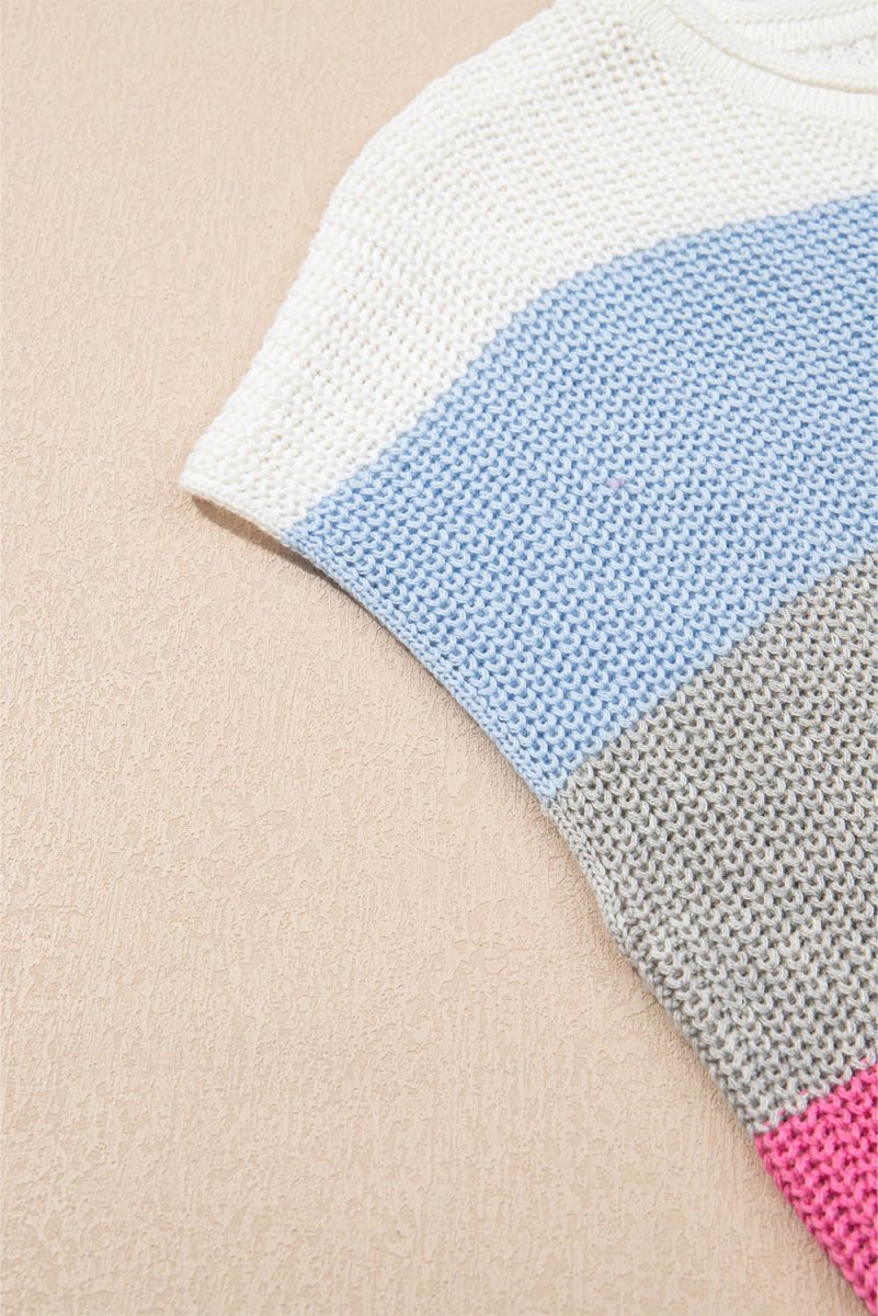 Light Blue Color Block Notch V Neck Sweater T Shirt for Women