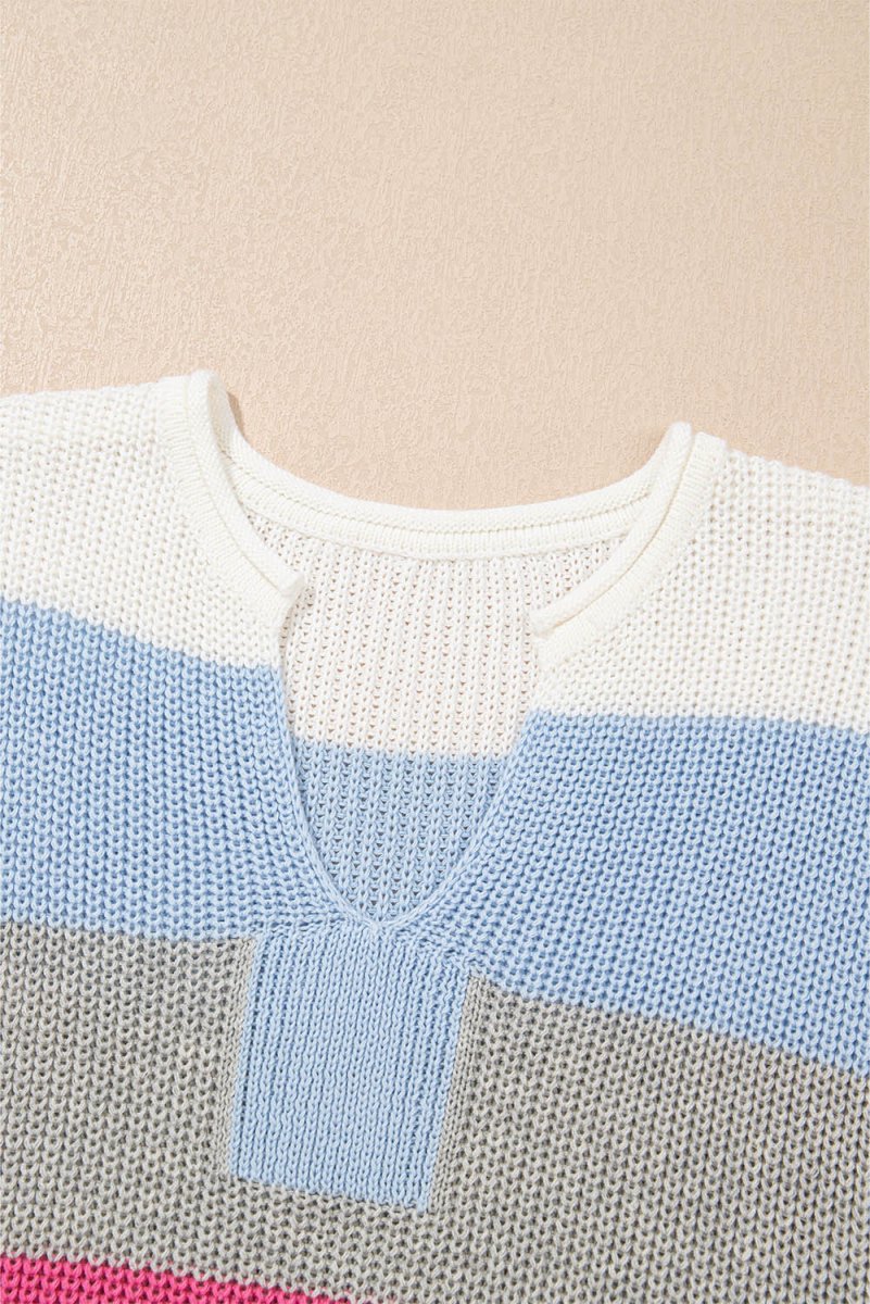Light Blue Color Block Notch V Neck Sweater T Shirt for Women