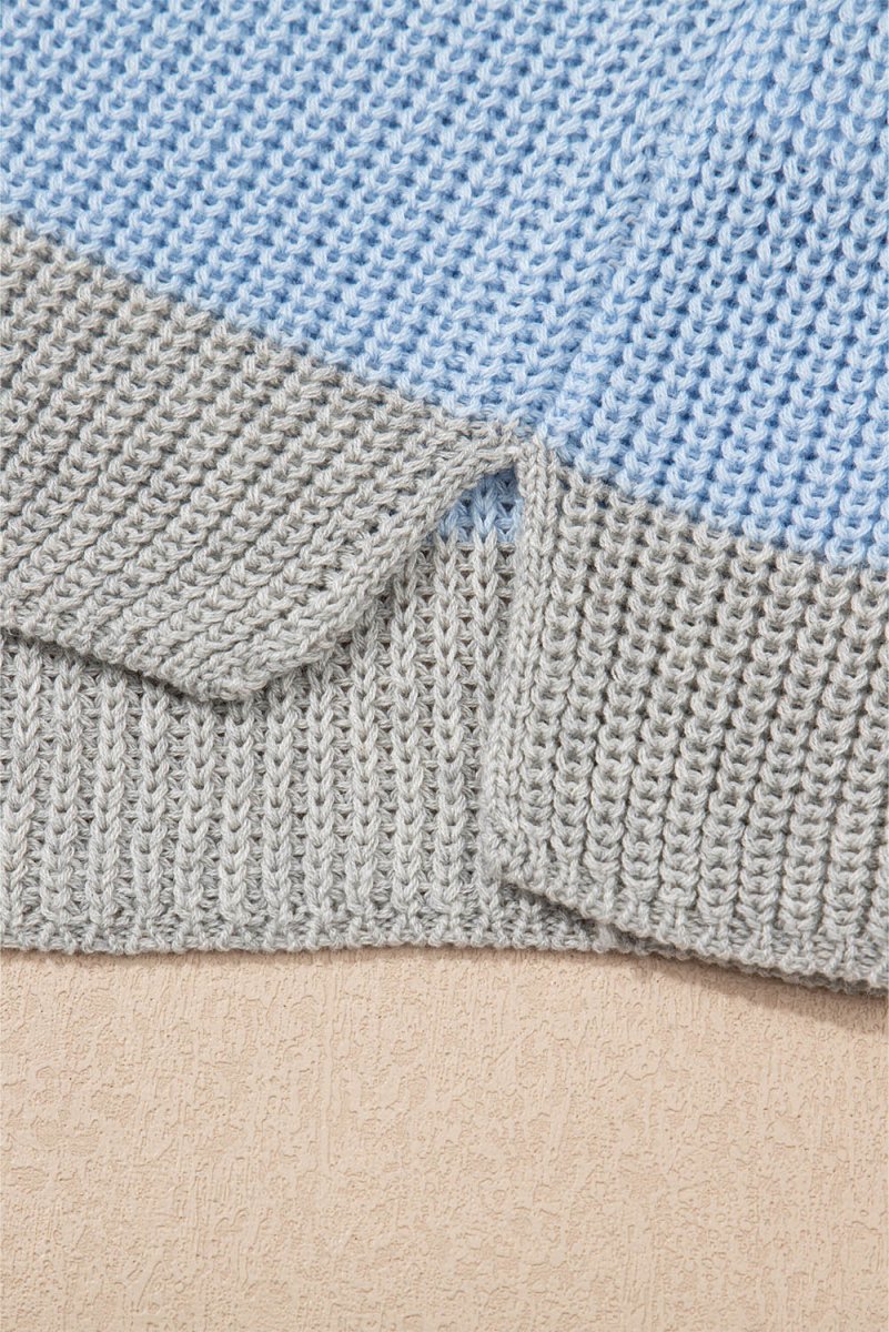 Light Blue Color Block Notch V Neck Sweater T Shirt for Women