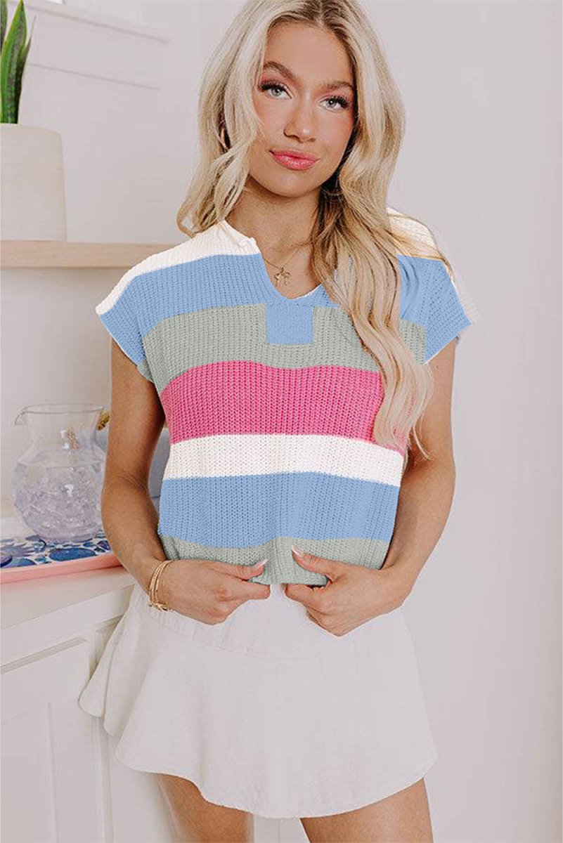 Light Blue Color Block Notch V Neck Sweater T Shirt for Women