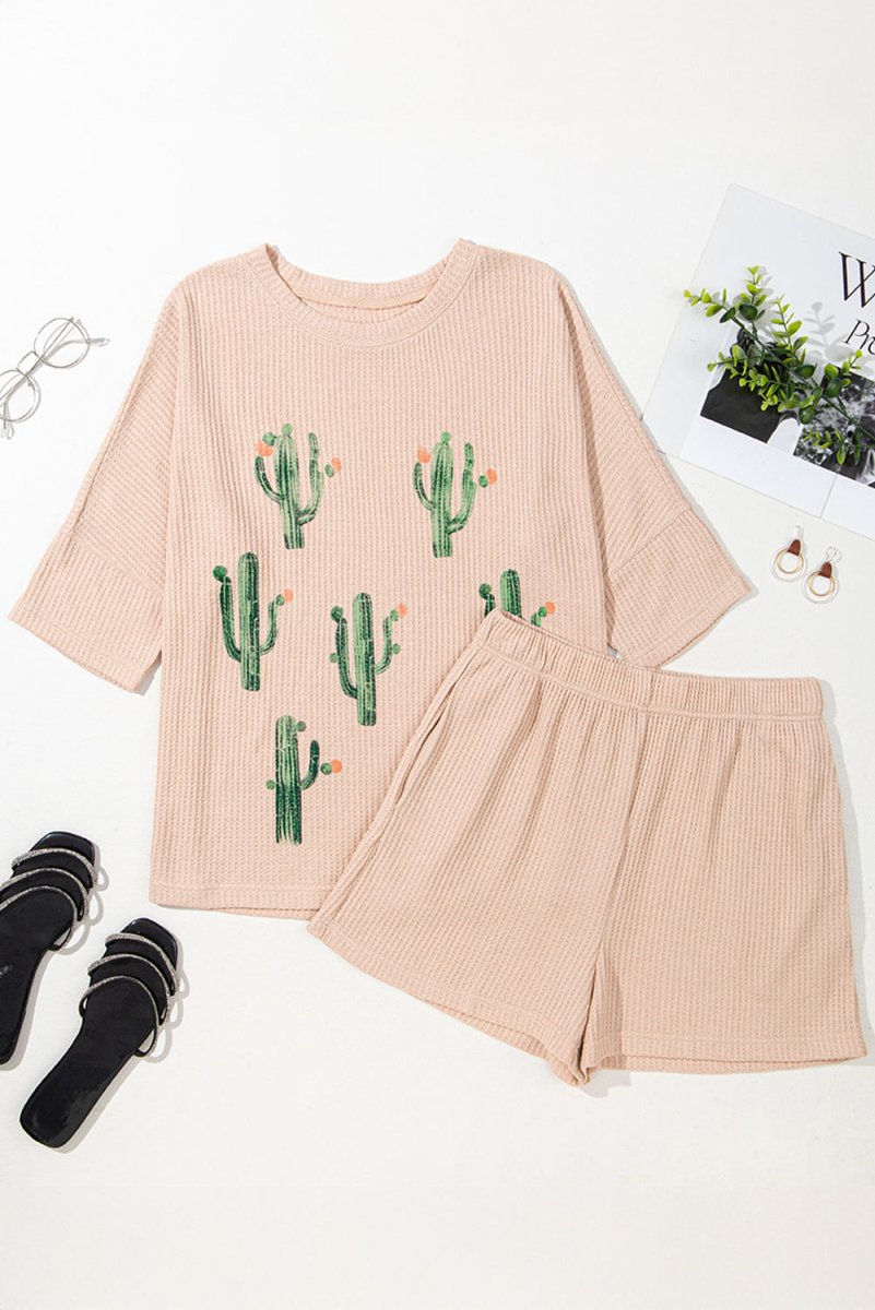 Light French Beige Cactus Forest Waffle Half Sleeve Tee Set