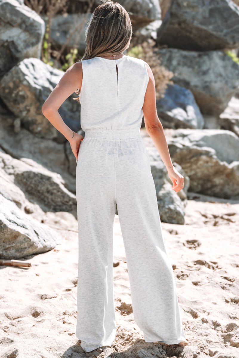 Light Grey Solid Color Crew Neck Drawstring High Waist Jumpsuit