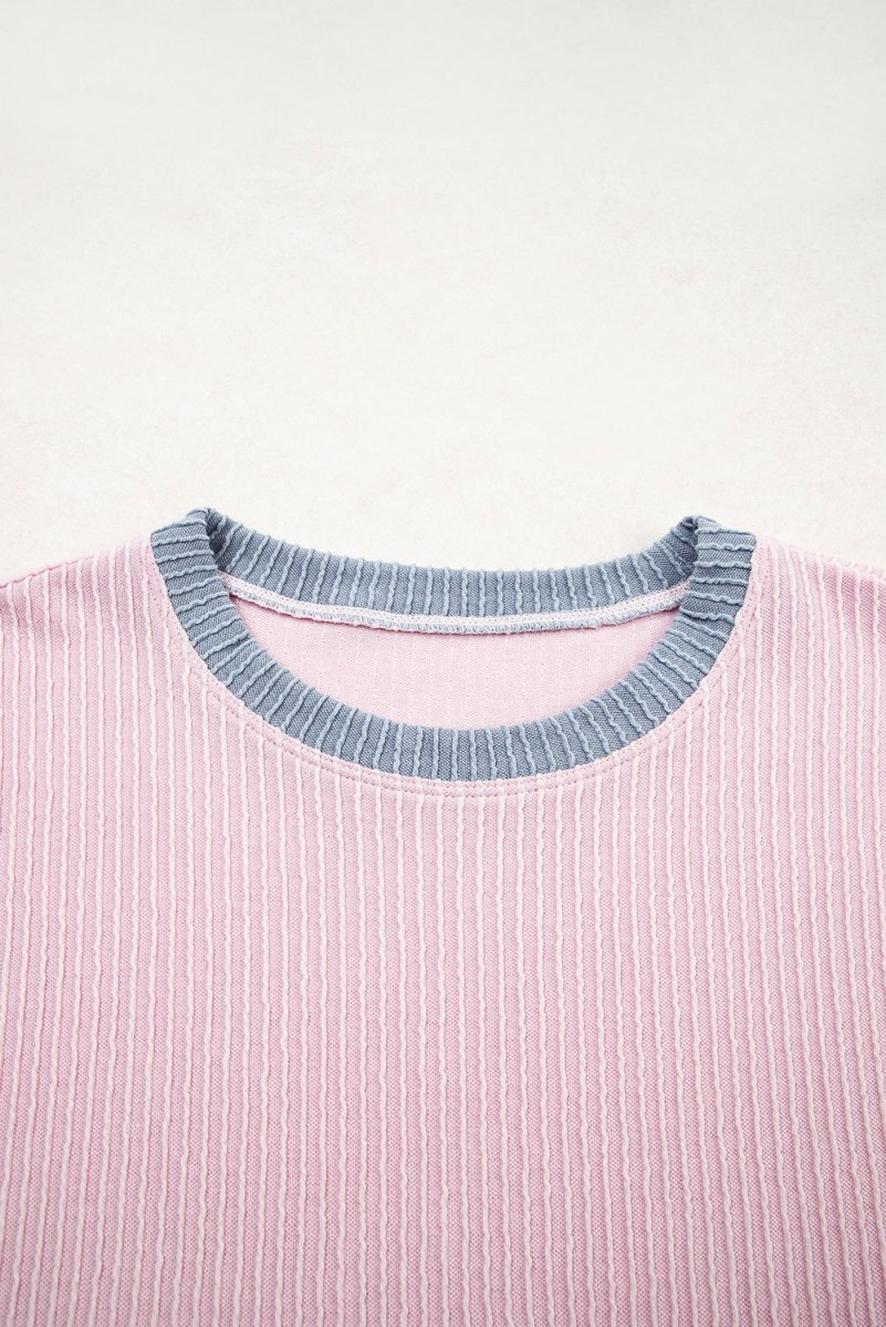 Light Pink Colorblock Corded Short Sleeve Boxy Top and Shorts Set