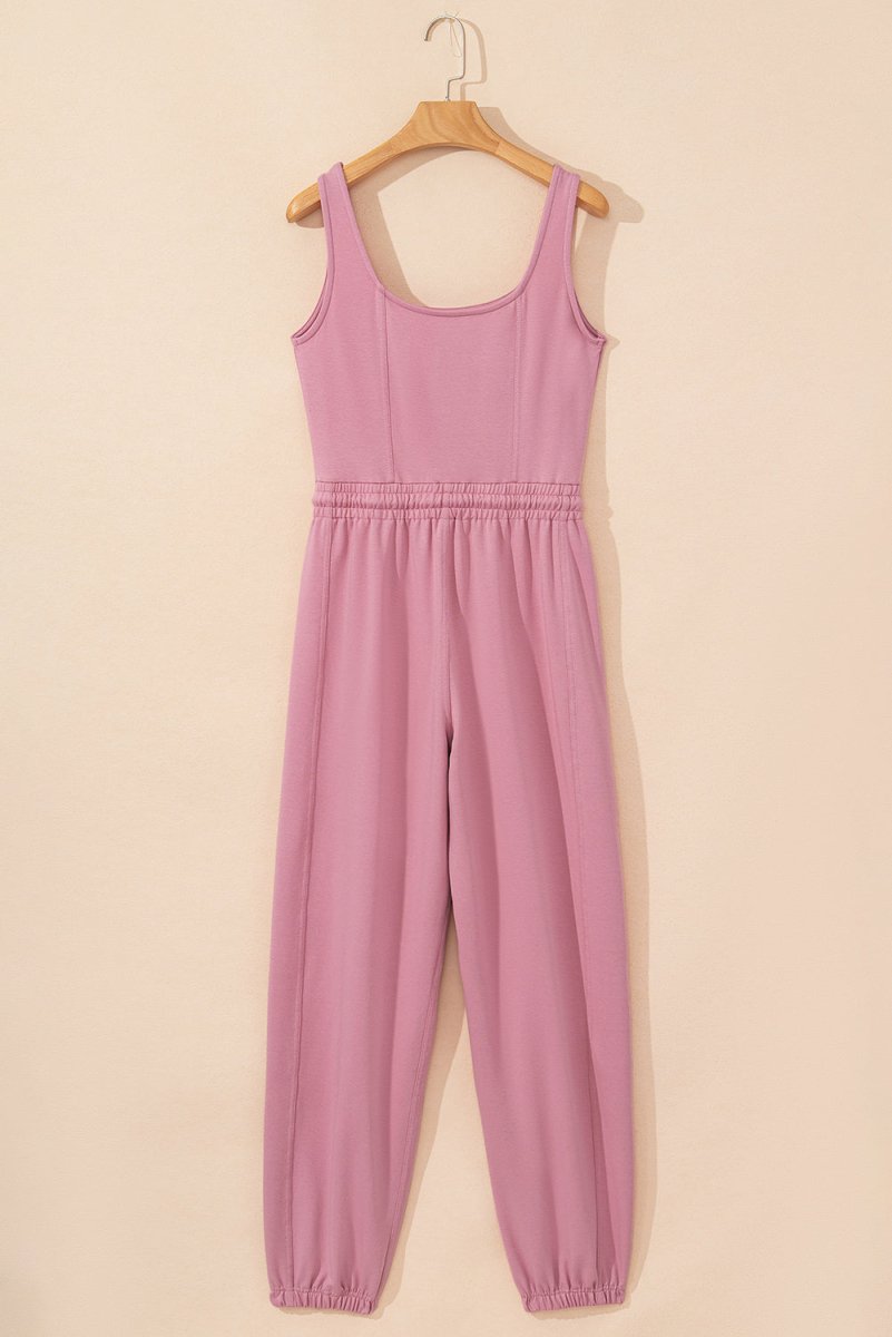 Light Pink Lace-up Elastic Waist Sleeveless Square Neck Jumpsuit
