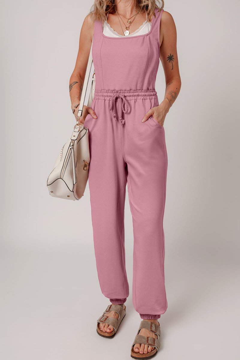 Light Pink Lace-up Elastic Waist Sleeveless Square Neck Jumpsuit