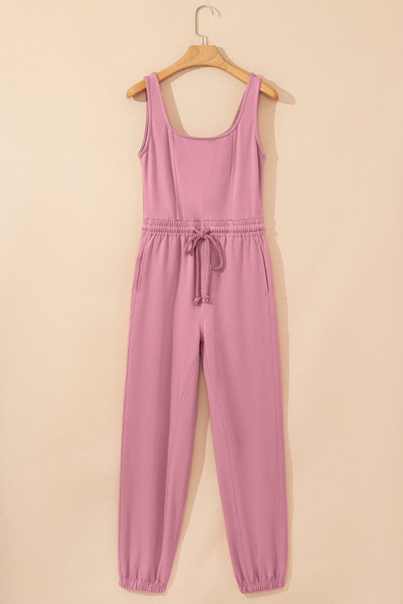 Light Pink Lace-up Elastic Waist Sleeveless Square Neck Jumpsuit