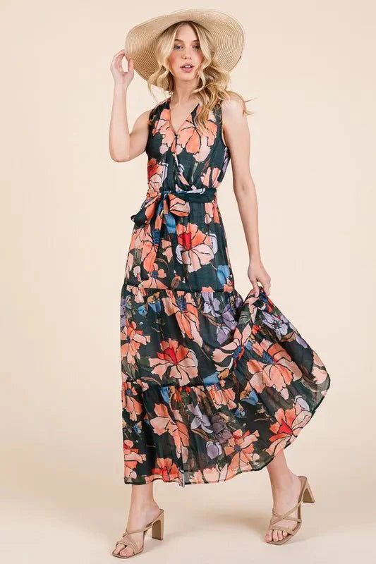 Lime 'N' Chili Floral Print Sleeveless Tie Waist Maxi Dress