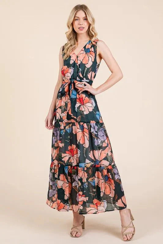 Lime 'N' Chili Floral Print Sleeveless Tie Waist Maxi Dress