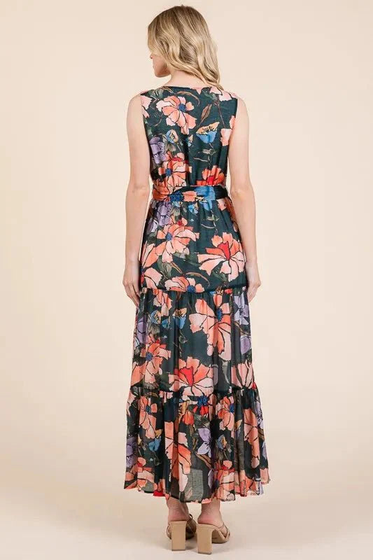 Lime 'N' Chili Floral Print Sleeveless Tie Waist Maxi Dress