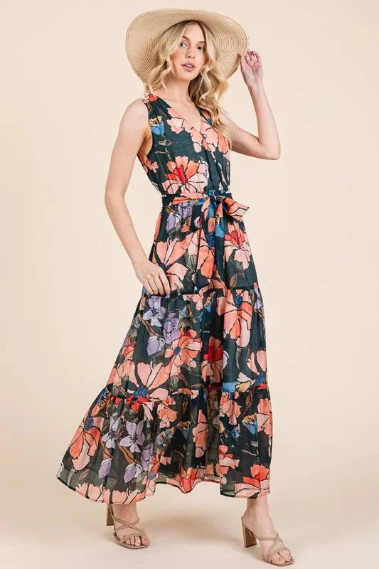 Lime 'N' Chili Floral Print Sleeveless Tie Waist Maxi Dress