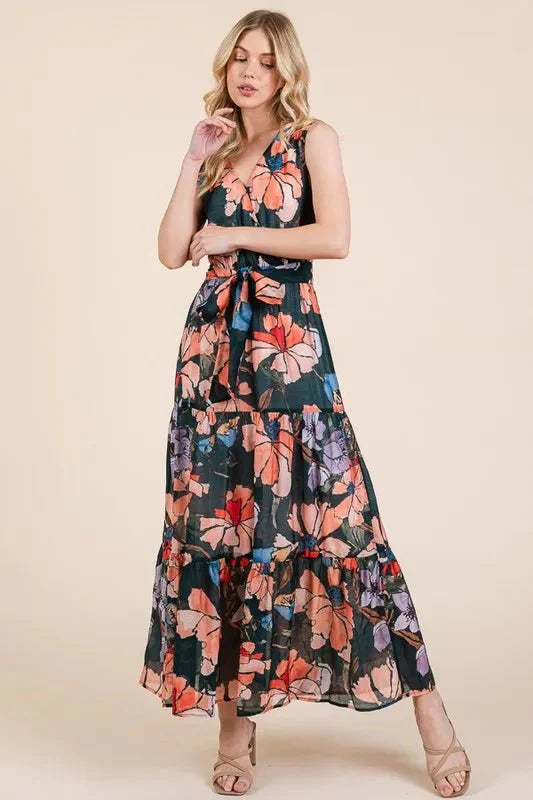 Lime 'N' Chili Floral Print Sleeveless Tie Waist Maxi Dress