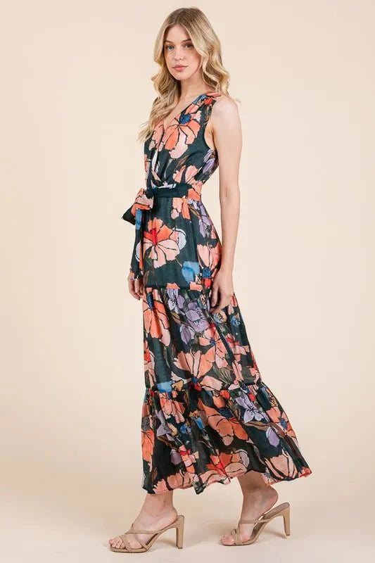 Lime 'N' Chili Floral Print Sleeveless Tie Waist Maxi Dress