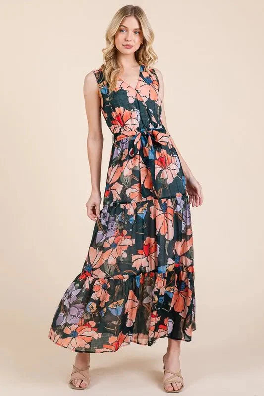 Lime 'N' Chili Floral Print Sleeveless Tie Waist Maxi Dress