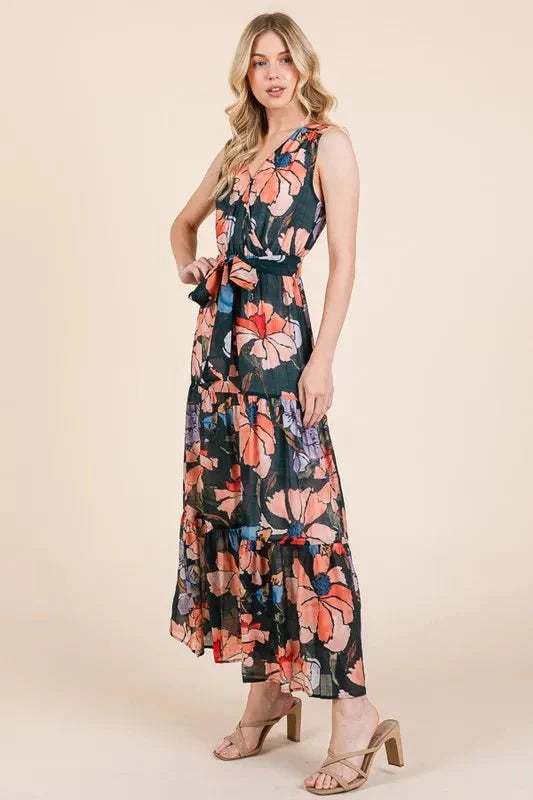 Lime 'N' Chili Floral Print Sleeveless Tie Waist Maxi Dress