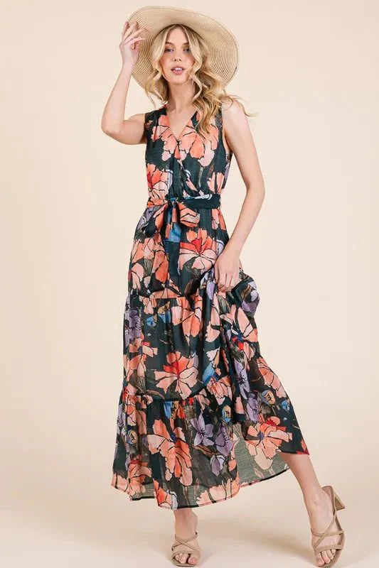 Lime 'N' Chili Floral Print Sleeveless Tie Waist Maxi Dress