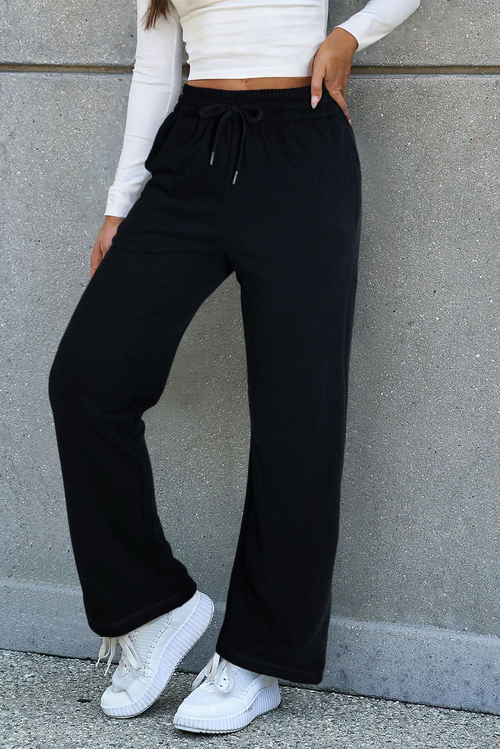 Cozy black fleece pants with drawstring