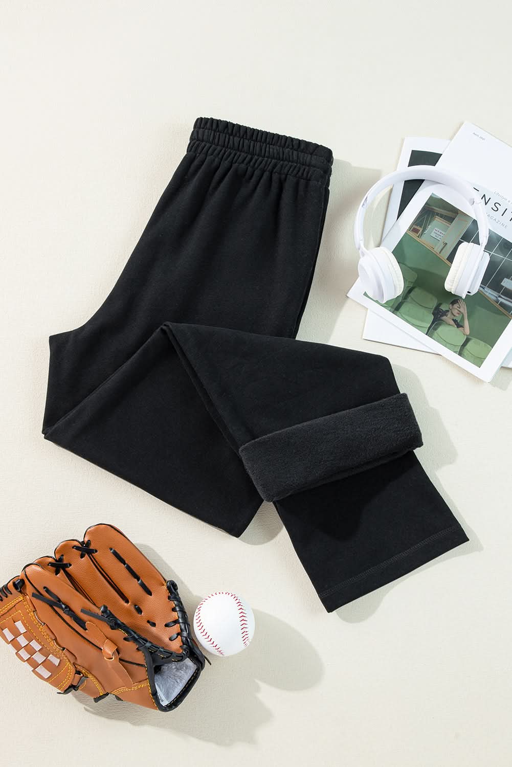 Cozy black fleece pants with drawstring