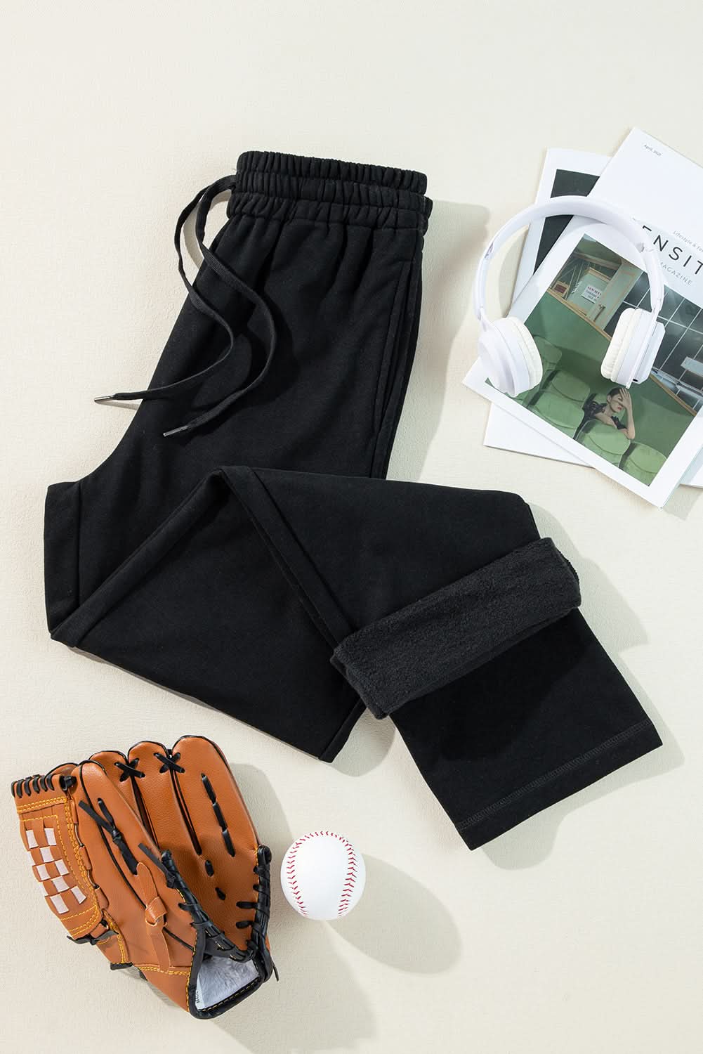 Cozy black fleece pants with drawstring